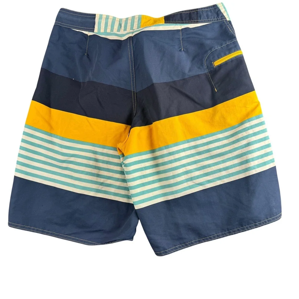 Patagonia Mens 31 Board Shorts Multi Color Striped Nylon Swim Trunks Navy Yellow
